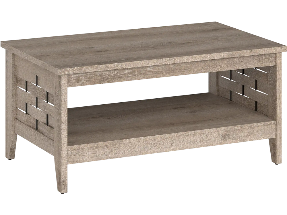 2-tier farmhouse coffee table in oak with woven decorations, featuring a spacious top and open shelf for living room.