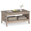 2-tier farmhouse coffee table in oak with open shelf, woven decorations, perfect for living room storage and style.
