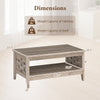 2-tier farmhouse coffee table in oak with open shelf, dimensions shown for living room storage and decor.