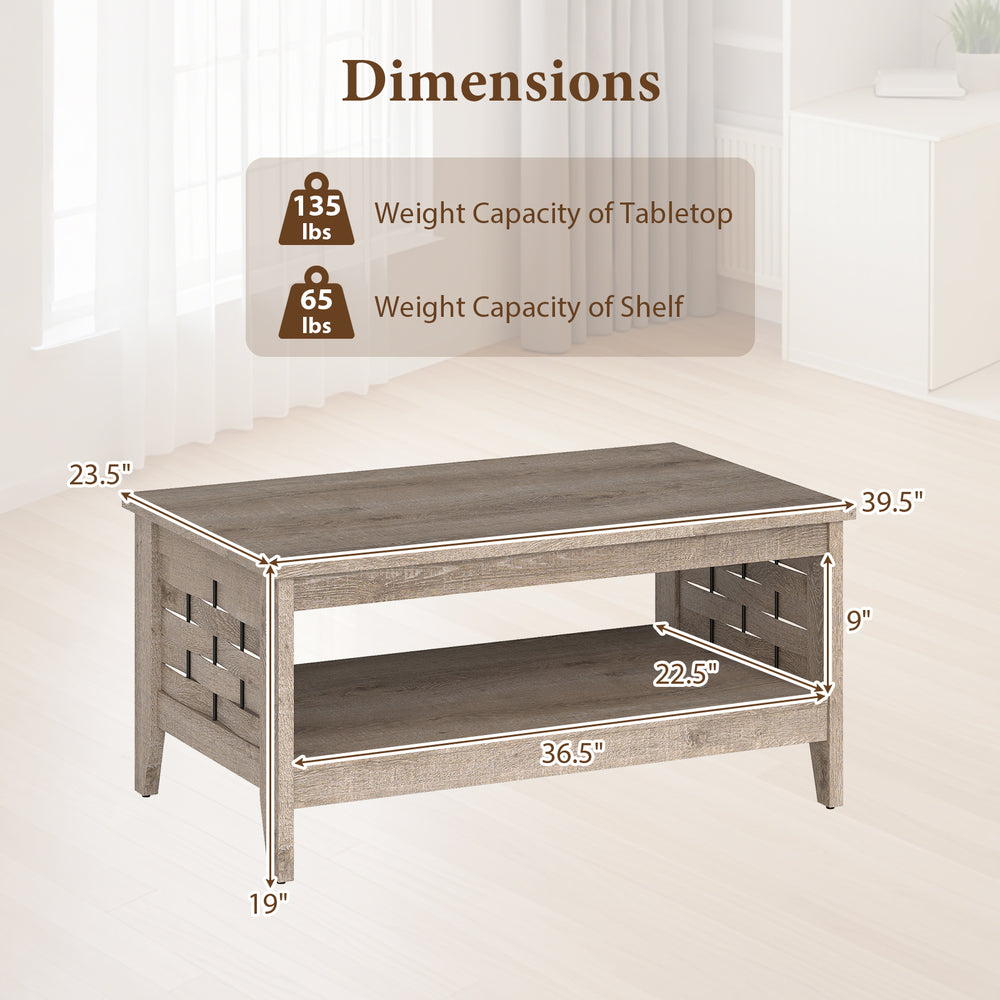 2-tier farmhouse coffee table in oak with open shelf, dimensions shown for living room storage and decor.