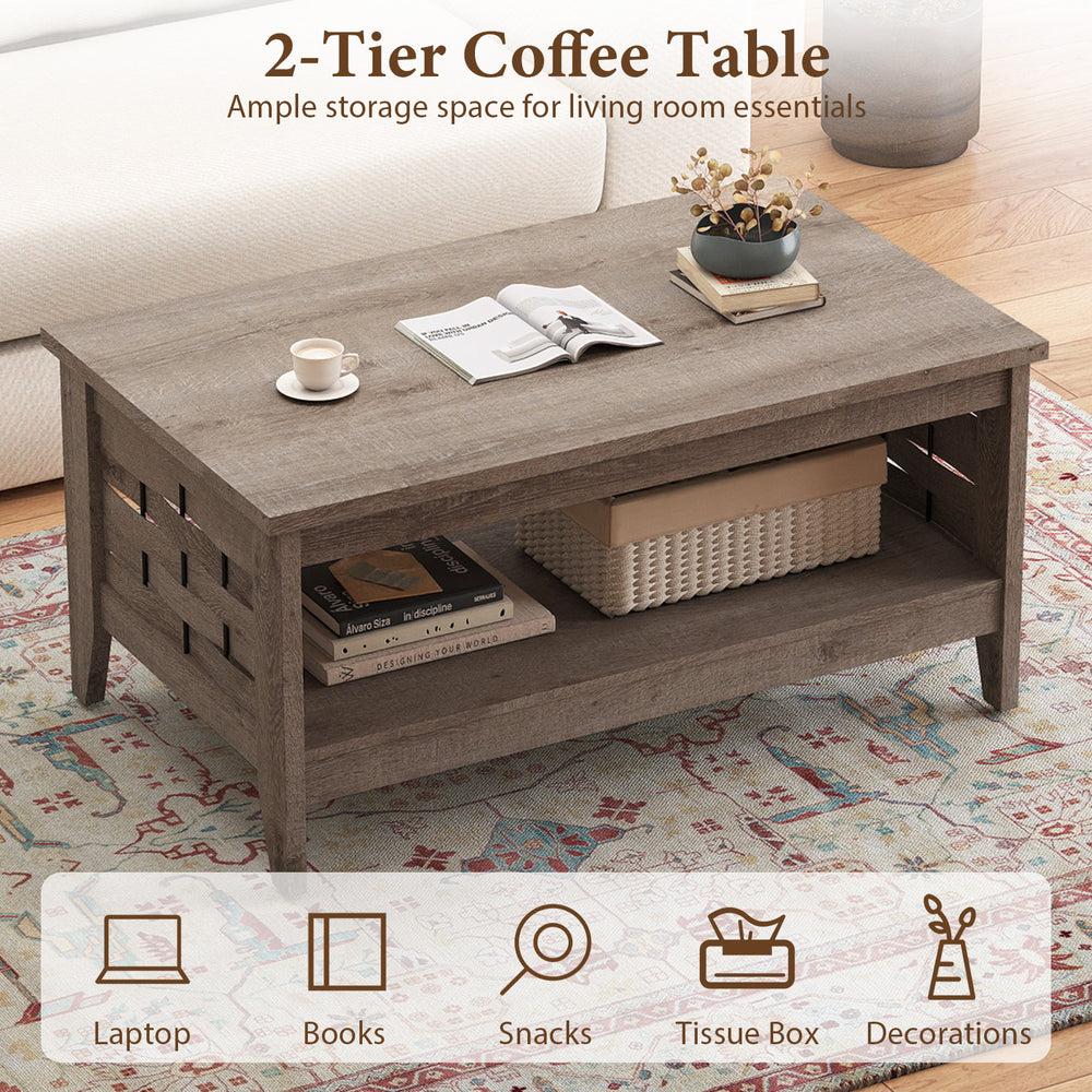 2-tier farmhouse coffee table in oak with open shelf, ideal for living room storage and versatile use.