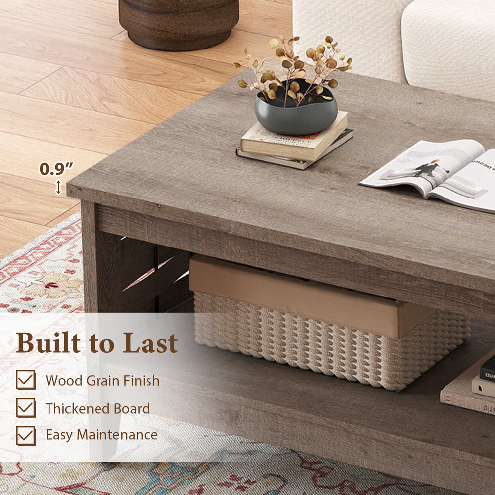 2-tier farmhouse coffee table in oak with wood grain finish, featuring an open shelf for storage and easy maintenance.