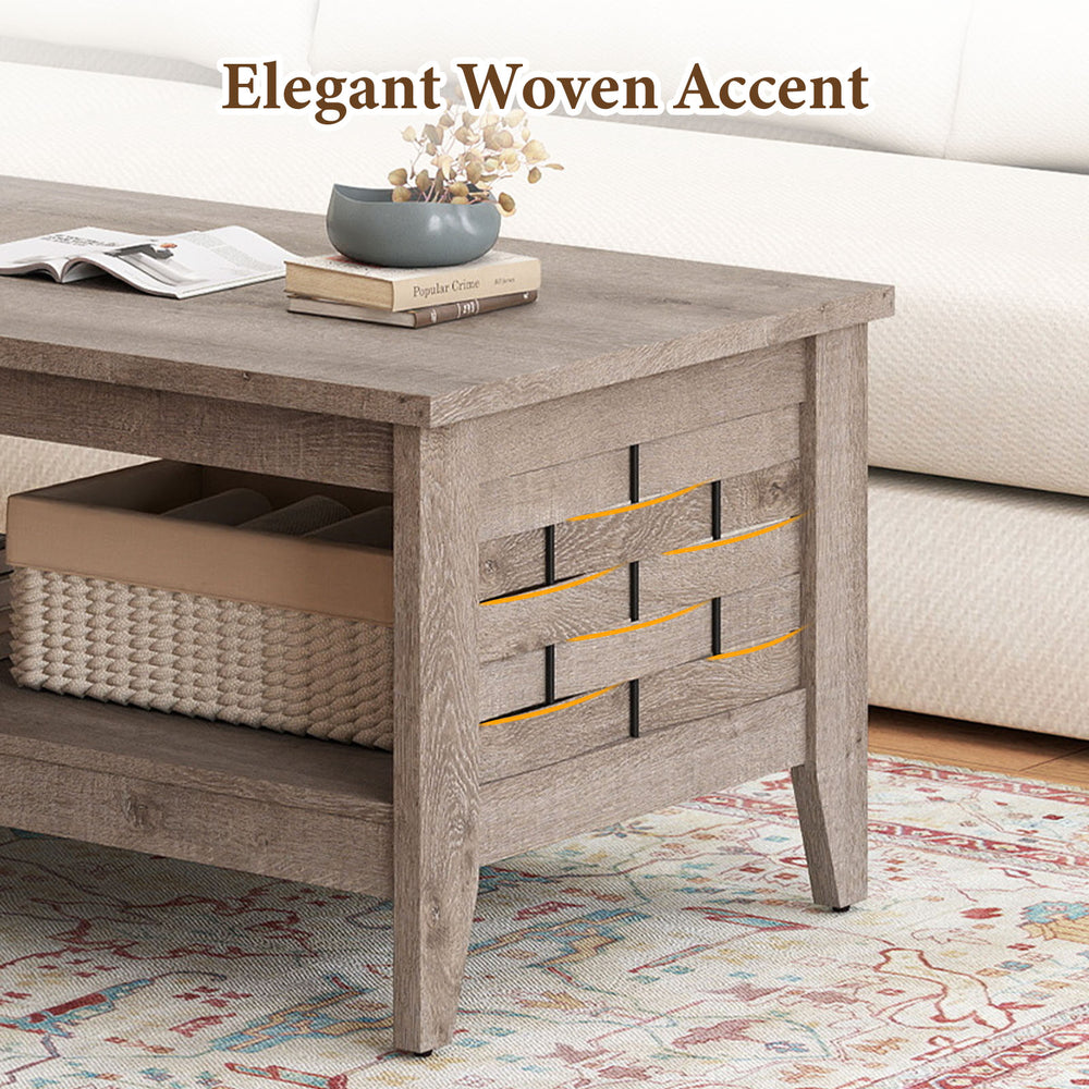 2-tier farmhouse coffee table with oak finish, woven accents, and open shelf for living room storage and decor.