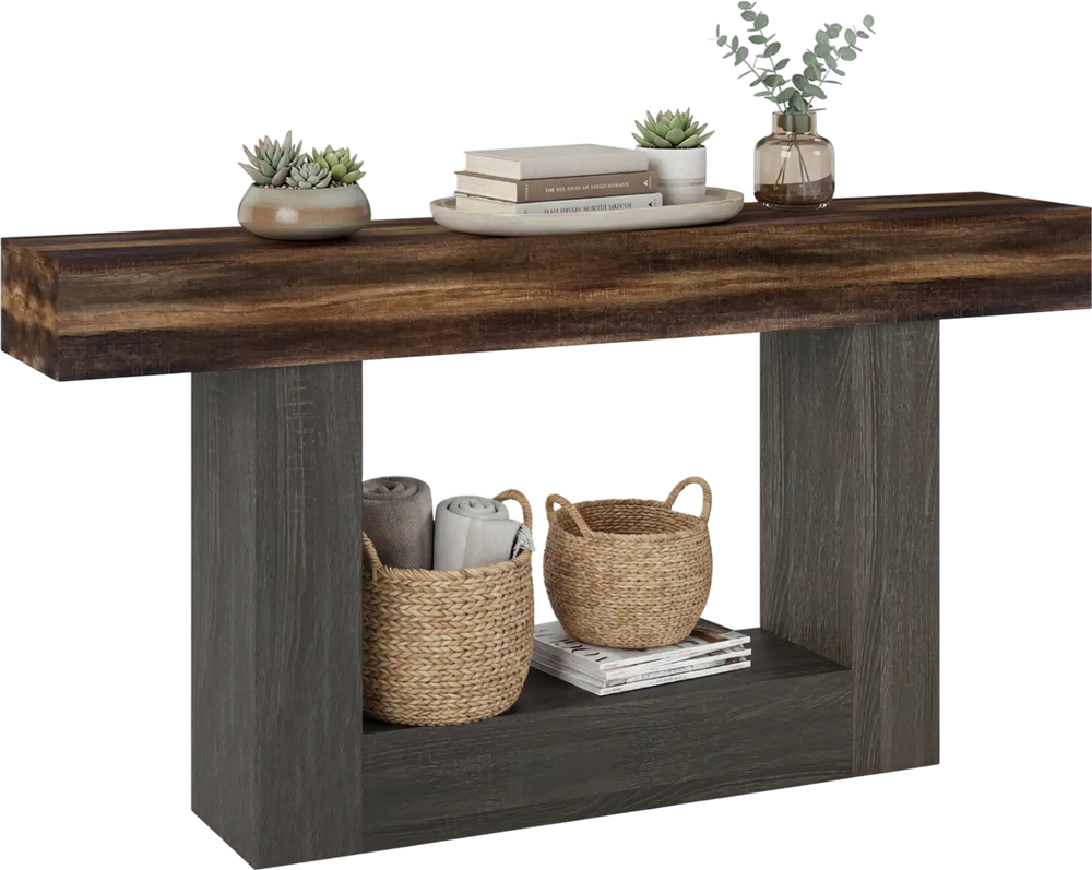Rustic brown 2-tier console table with storage shelf, sturdy construction, ideal for narrow spaces and home decor.