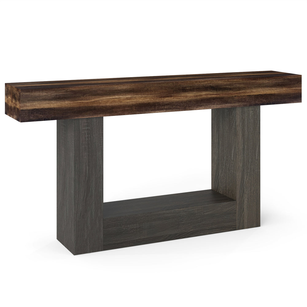 Rustic brown 2-tier farmhouse console table with sturdy support legs and storage shelf, ideal for narrow spaces.