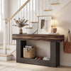 Rustic brown 2-tier farmhouse console table with storage shelf, ideal for narrow spaces and sturdy construction.