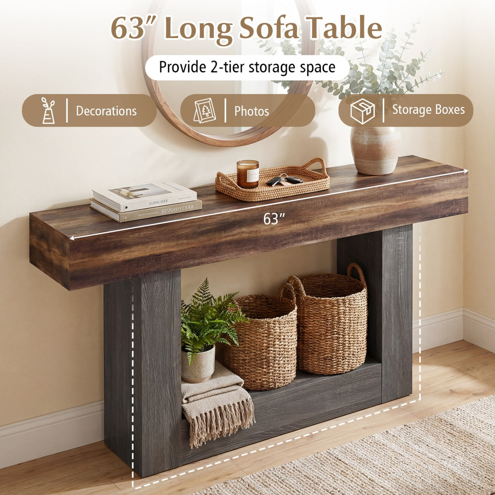 63" long farmhouse console table in rustic brown with 2-tier storage for decorations and photos, ideal for narrow.