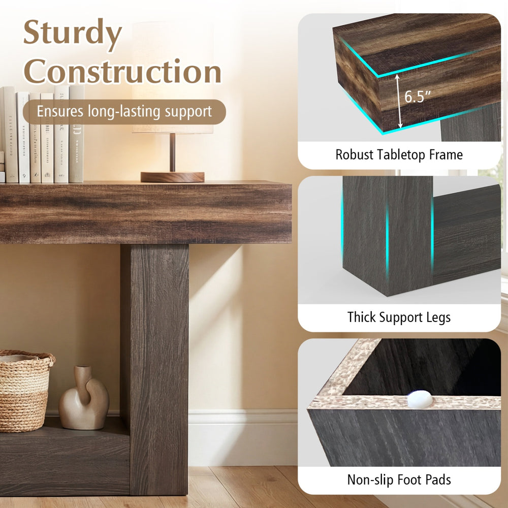 2-tier rustic brown console table with sturdy frame, thick legs, and non-slip foot pads for stable storage solutions.