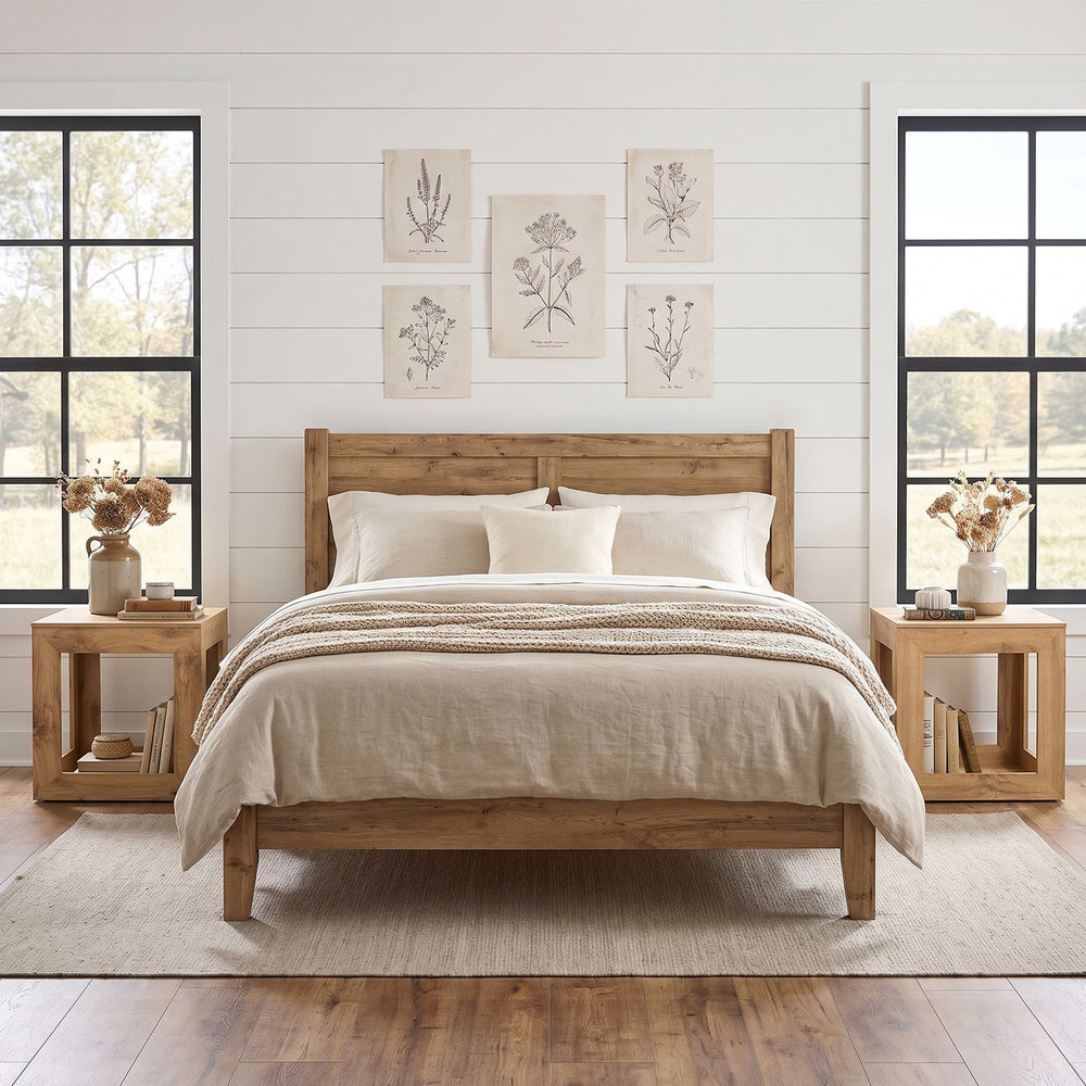 Farmhouse end table with natural wood grain, featuring a 2-tier design for storage and a cozy focal point in any room.