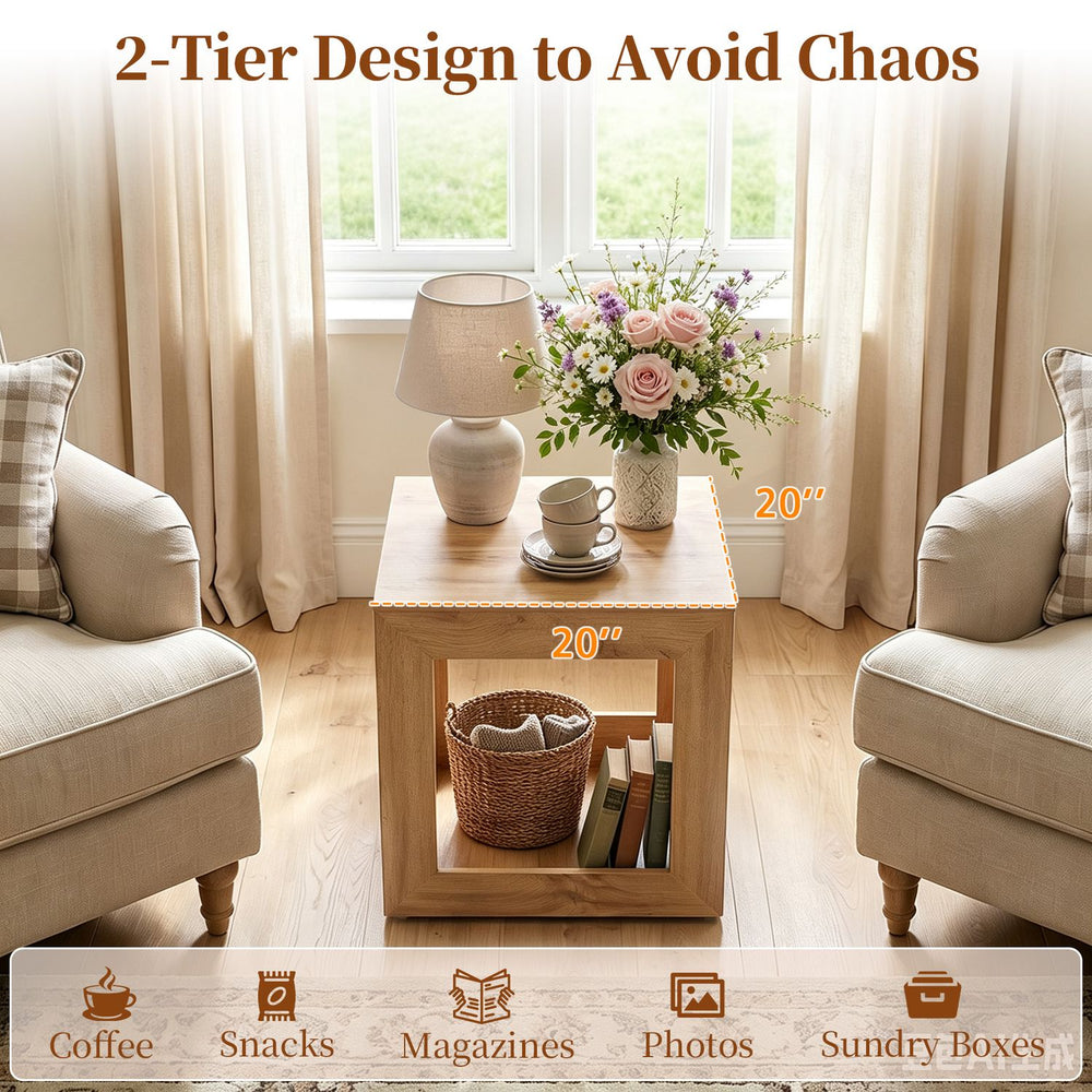 2-tier farmhouse end table with natural wood grain, perfect for storage and creating a cozy focal point in any room.