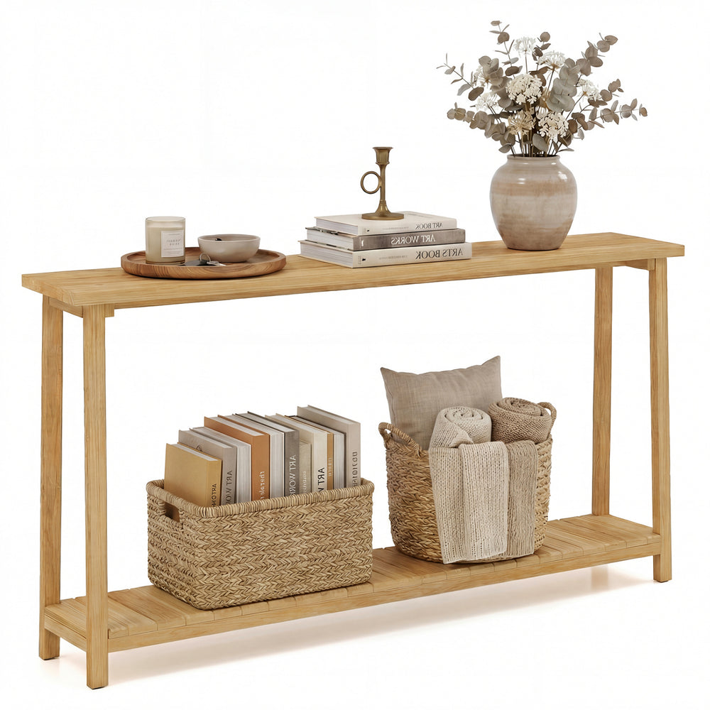 2-tier farmhouse sofa table with teak wood frame, showcasing decorative items and providing ample storage for a tidy.