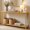 2-tier farmhouse sofa table with teak wood frame, showcasing a spacious tabletop and woven storage baskets for.