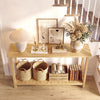 2-tier farmhouse sofa table with teak wood frame, showcasing decorative items and providing ample storage in a stylish.