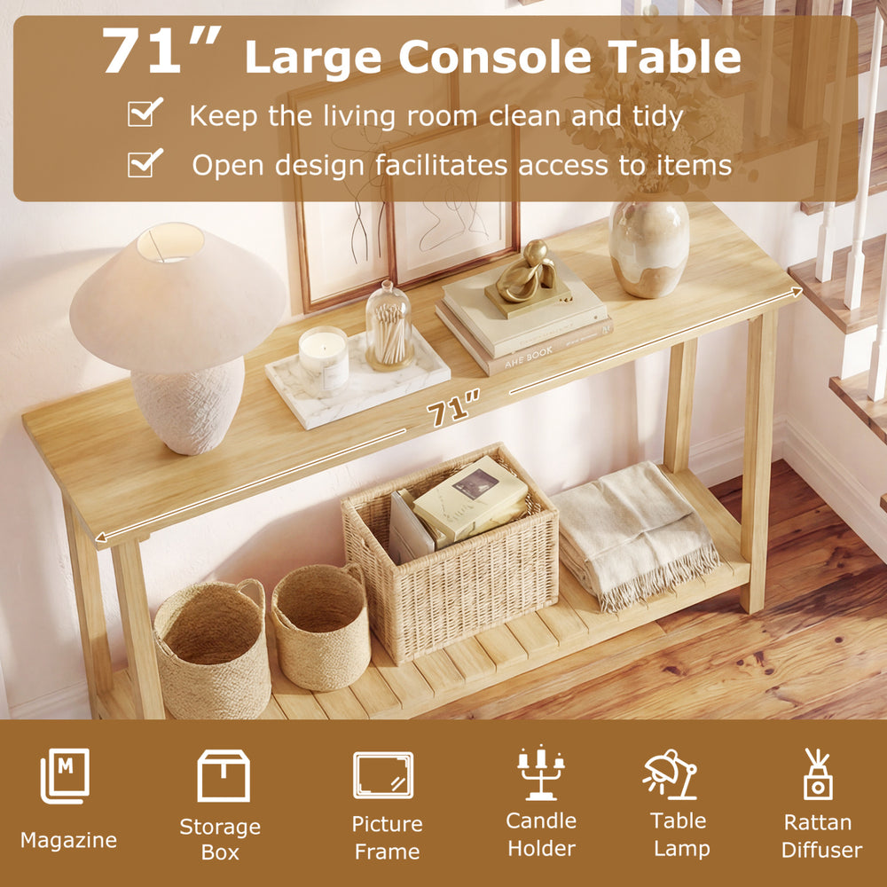 71" farmhouse sofa table with teak wood frame, featuring a spacious top and 2-tier storage for living room organization.