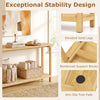 2-tier farmhouse sofa table with teak wood frame, elevated legs, and ample storage for a rustic living room aesthetic.