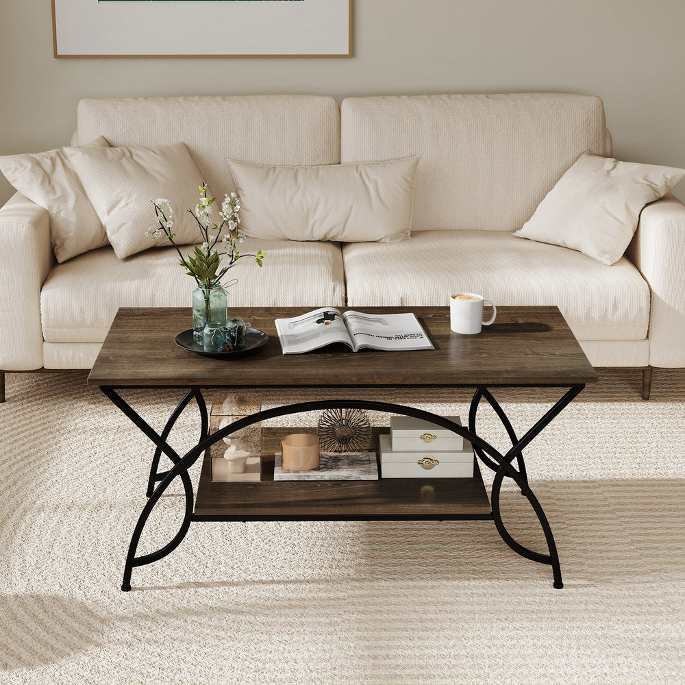 2-Tier Faux Marble Coffee Table with Marble Top and Metal Frame-Oak - Gallery View 1 of 11