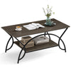 2-tier faux marble coffee table with oak finish, metal frame, and stylish arch shape for organized living spaces.