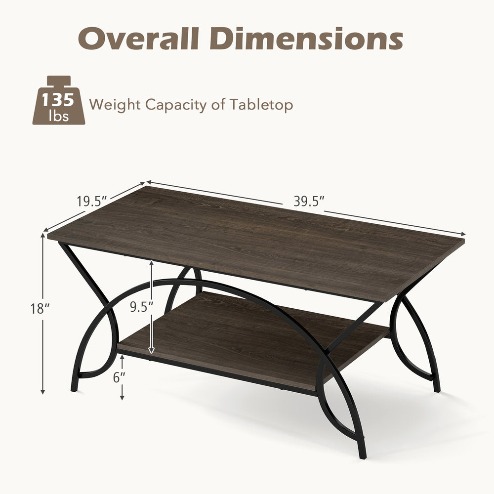 2-tier faux marble coffee table with oak finish, featuring a metal frame and overall dimensions for stylish.