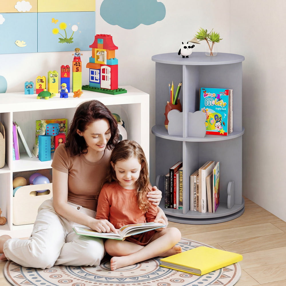 2 Tier Freestanding Kids Rotating Bookshelf Storage Rack with Bear Baffles-Gray - Gallery View 1 of 10