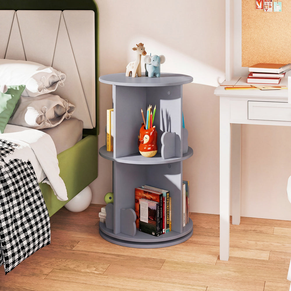 Gray 2 tier freestanding kids rotating bookshelf with bear baffles, featuring 8 compartments for easy storage and.