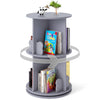 Gray 2-tier rotating kids bookshelf with bear baffles, featuring 8 compartments for easy storage in playroom or bedroom.