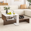 Geometric coffee table in white and brown with unique storage shelves, perfect for living room or reception area.