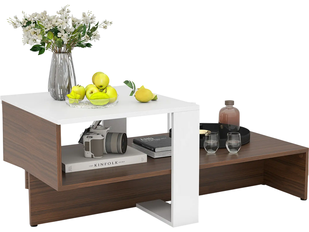 Geometric coffee table in white and brown with 2-tier storage shelves, perfect for living room or reception area.