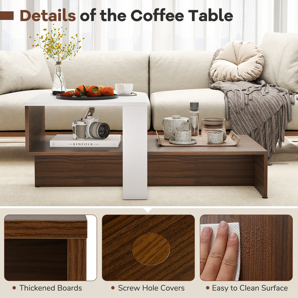 Geometric coffee table in white and brown with 2-tier storage shelves, featuring a classy wood grain finish for living.
