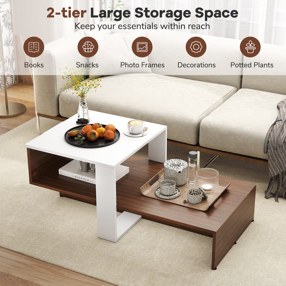 2-tier geometric coffee table in white and brown with unique storage shelves, perfect for living room essentials.