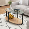 Oval coffee table with tempered glass top and wooden shelf, featuring modern design and ample storage for living room.