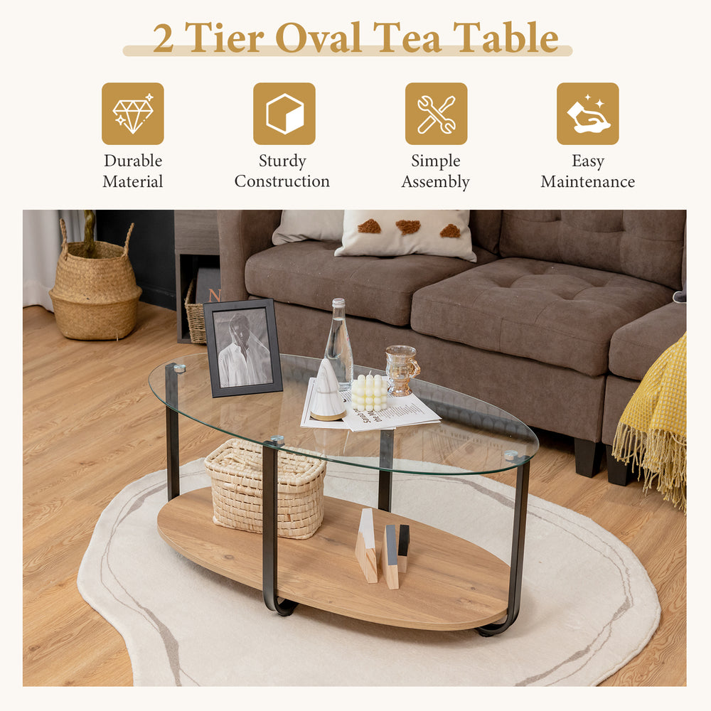 2-tier oval coffee table with tempered glass top and wooden shelf, perfect for modern living room decor and ample.