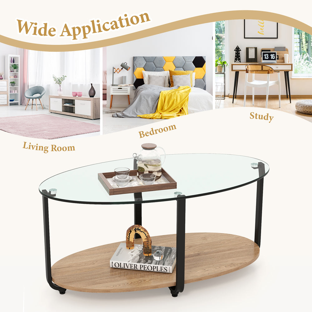 Oval coffee table with tempered glass top and wooden shelf, perfect for living room decor and ample storage.