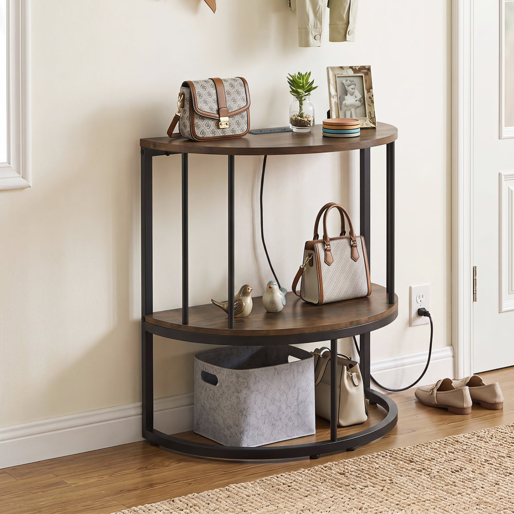 2-Tier Half Moon Console Table with Power Outlets and Storage Shel for Hallway-Rustic Brown - Gallery View 1 of 10