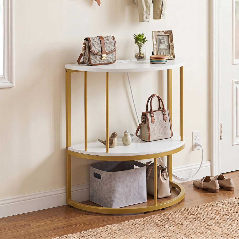 2-Tier Half Moon Console Table with Power Outlets and Storage Shel for Hallway-White - Gallery View 1 of 10