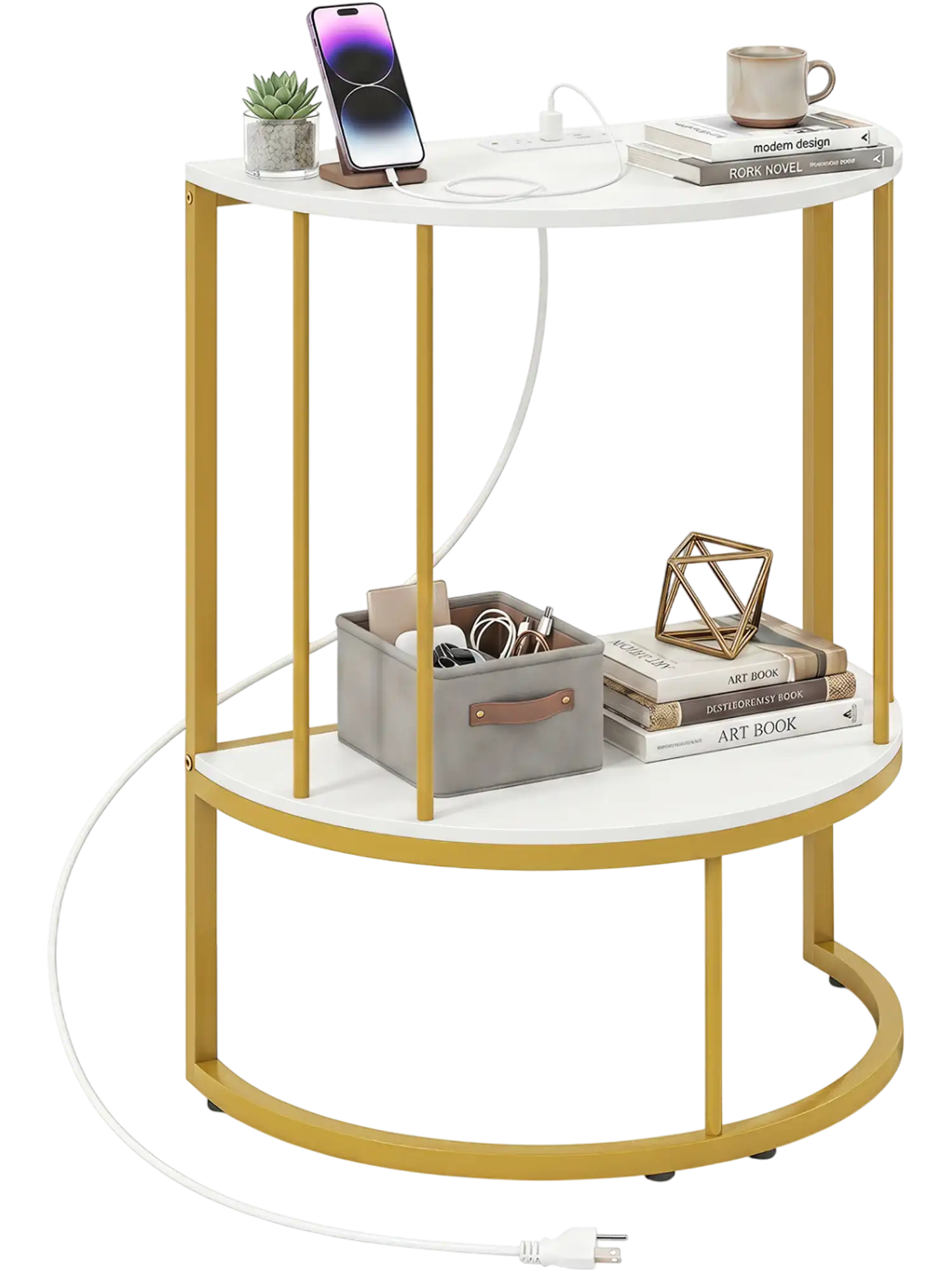 Costway 2-Tier Half Moon Console Table w/ Power Outlets Storage Shelf 83119785 New