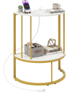Half moon console table in white with gold accents offers two storage tiers and built-in charging for convenient device access.