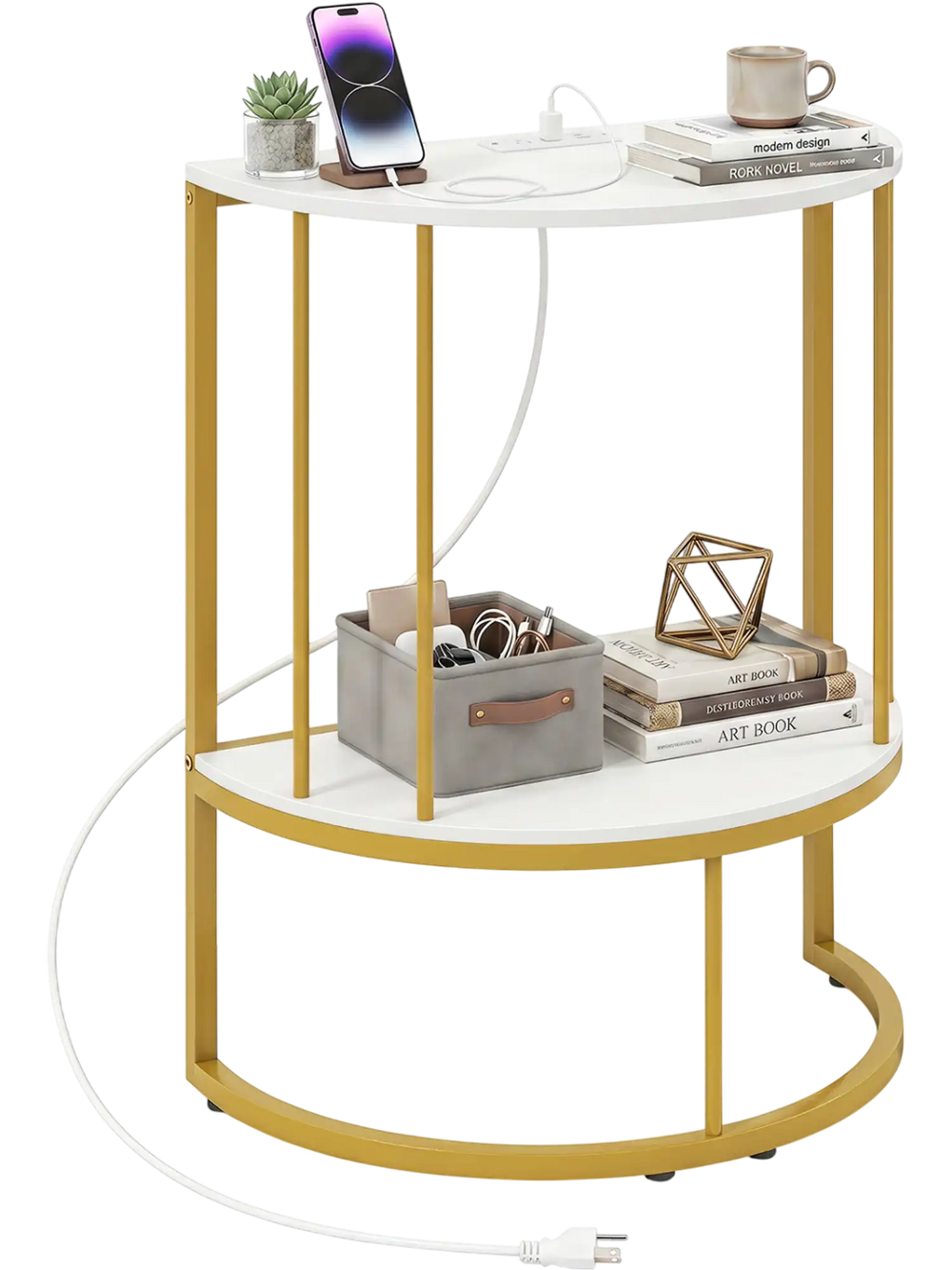Half moon console table in white with gold accents offers two storage tiers and built-in charging for convenient device access.