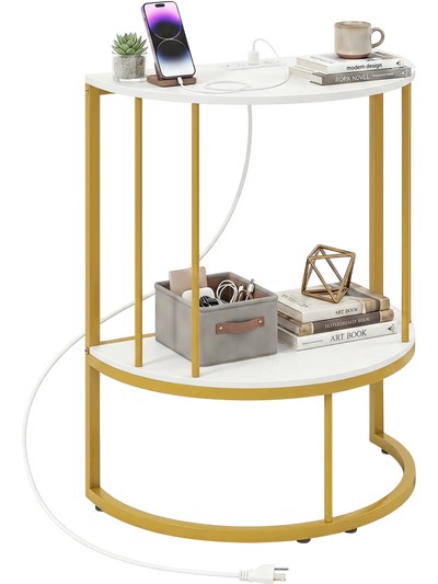 Costway 2-Tier Half Moon Console Table w/ Power Outlets Storage Shelf 83119785 New