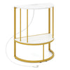 Half moon console table in white with gold frame, featuring two tiers and built-in power outlets for convenient storage.