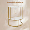 Half moon console table with power outlets, featuring a white tabletop and gold metal frame, ideal for hallway storage.