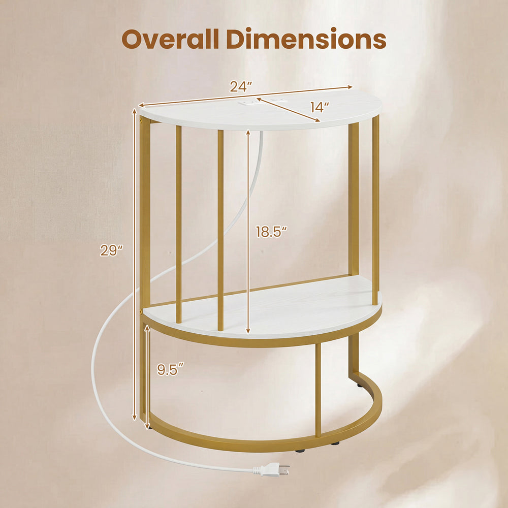 Half moon console table with power outlets, featuring a white tabletop and gold metal frame, ideal for hallway storage.
