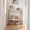 Half moon console table with white finish, 2-tier storage, and built-in power outlets for hallway organization.