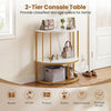 Half moon console table with power outlets features a white finish and two tiers for organized storage in hallways.