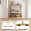2-tier half moon console table in white with a heavy-duty metal frame and built-in charging station for versatile storage.