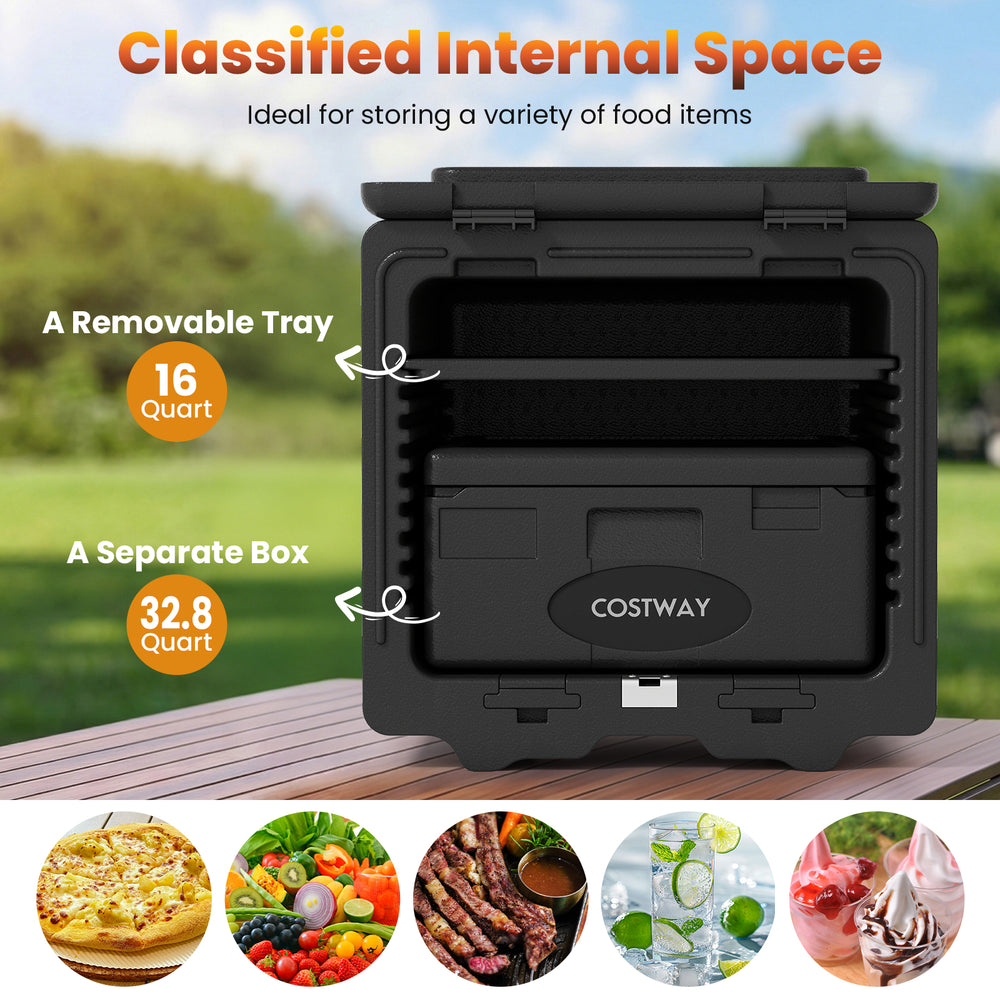 2-tier insulated food pan carrier with removable 16-quart tray and 32.8-quart box, ideal for catering and outdoor.