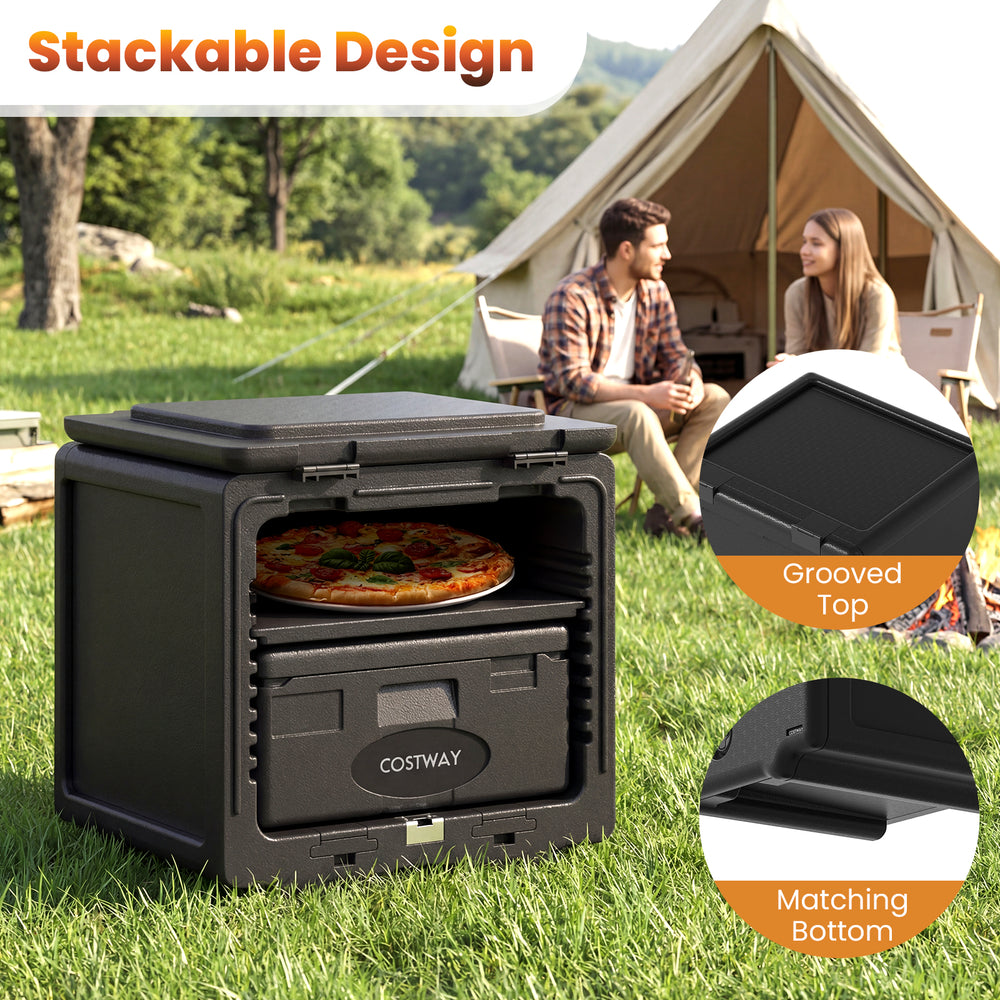 2 Tier insulated food pan carrier with removable tray, stackable design, ideal for camping and catering events.