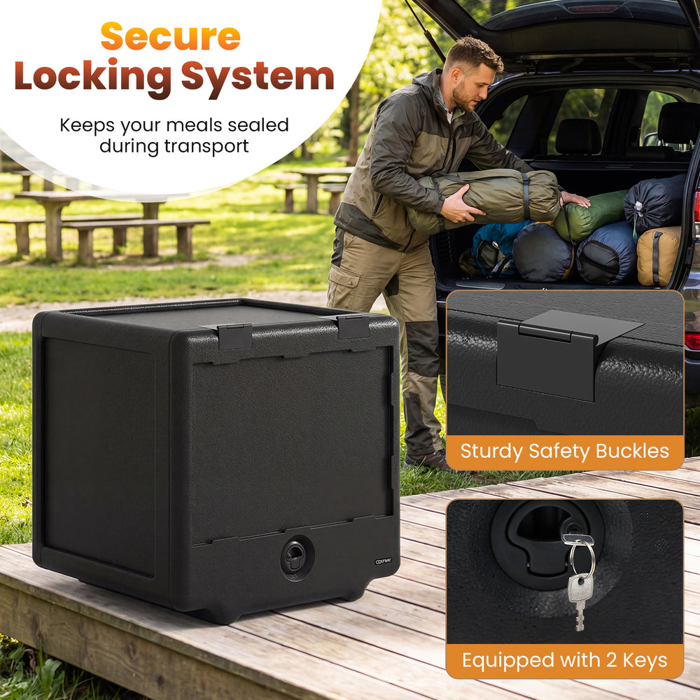 2 Tier Insulated Food Pan Carrier with removable tray, safety buckles, and secure locking system for easy transport.
