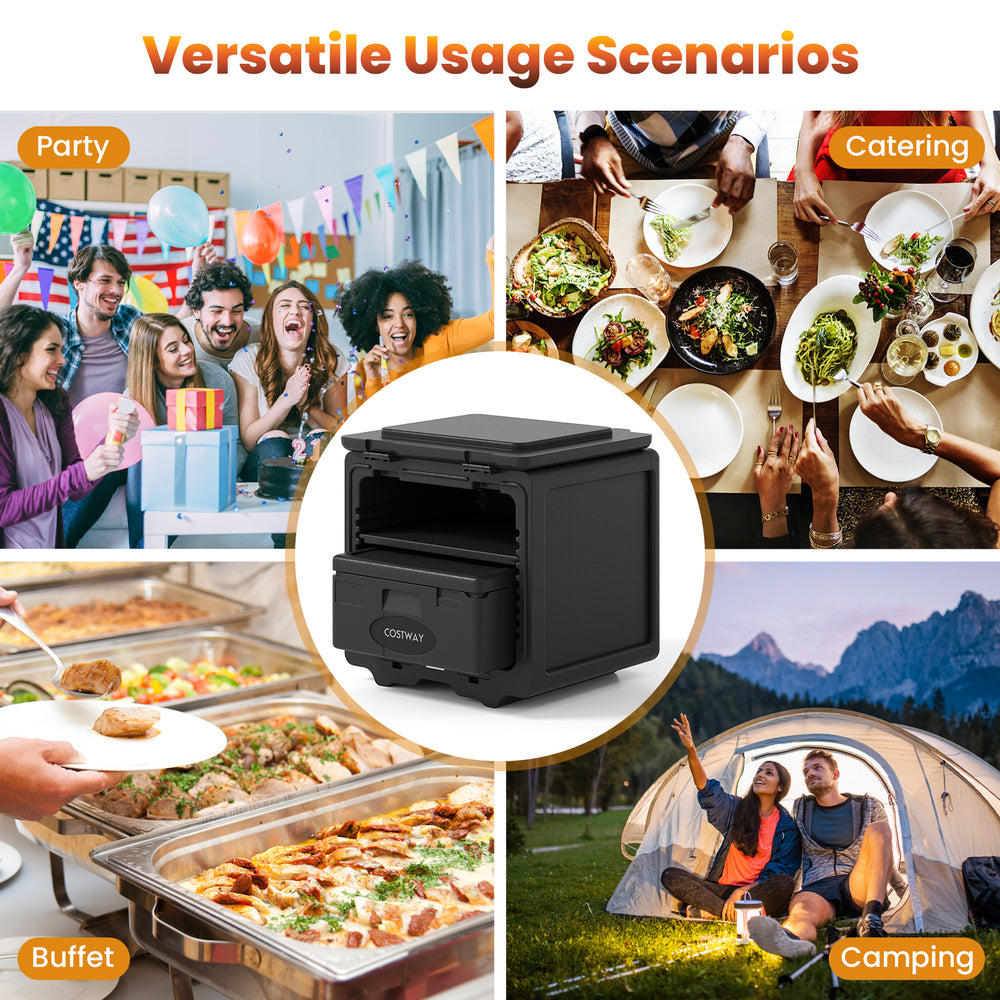 2 Tier Insulated Food Pan Carrier with removable tray, ideal for catering, parties, and camping, keeps food warm or.