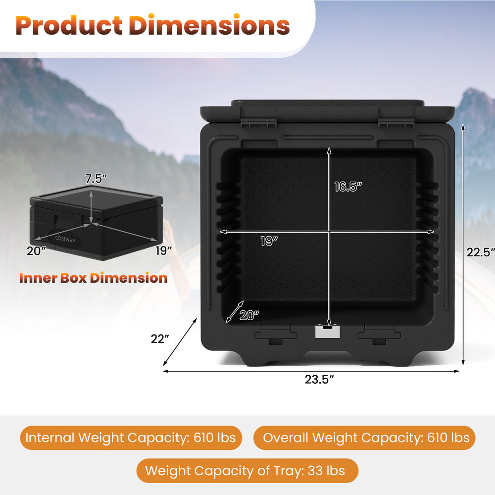 Dimensions of the 2 Tier Insulated Food Pan Carrier showing internal space, removable tray, and weight capacities for.