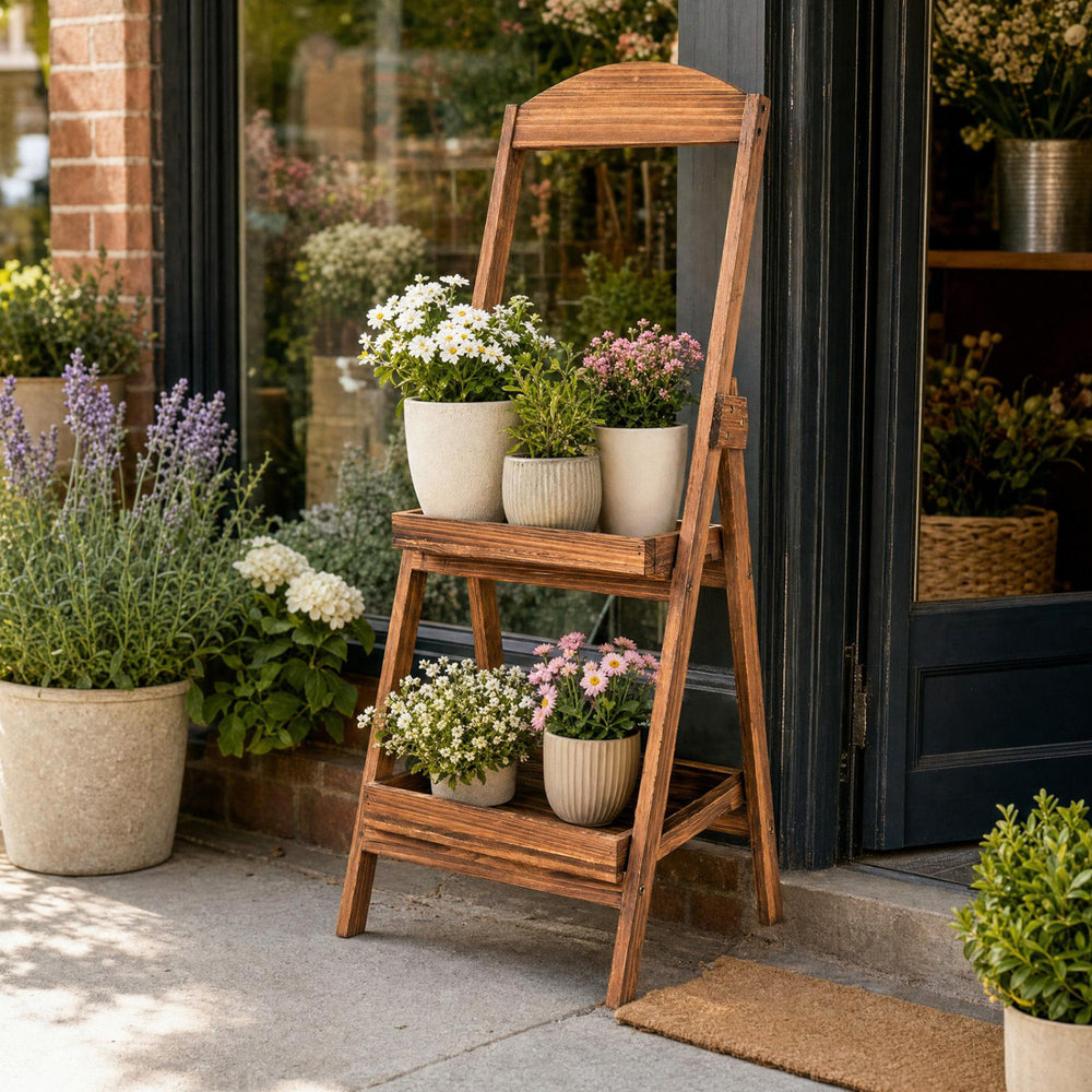 Rustic 2-tier ladder shelf made of carbonized fir wood, perfect for displaying potted plants in living rooms or balconies.